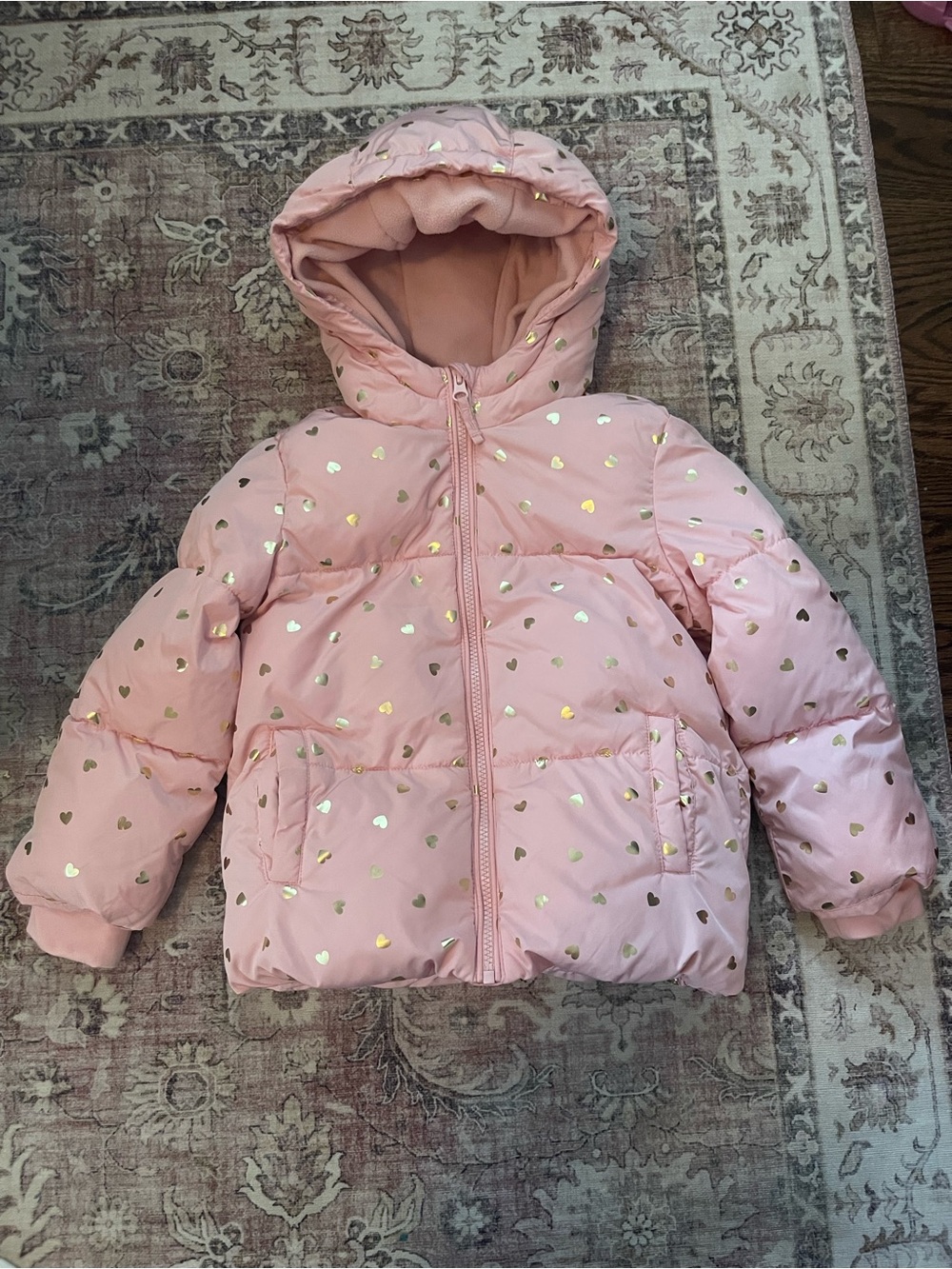 The Children's Place Pink Puffer Jacket with Gold Heart Print